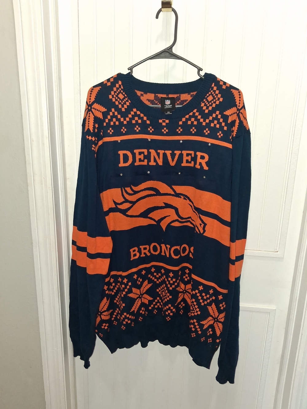 NFL Denver Broncos Navy and Orange Crewneck Sweater LED LIGHTS 2X NWOT
